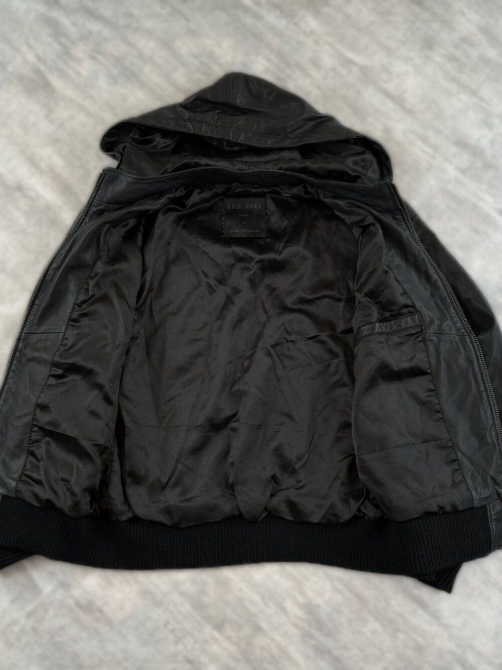 Black Leather Hooded Bomber Jacket ERIK HART Size S Unisex Zip Up Sz S - Picture 7 of 15